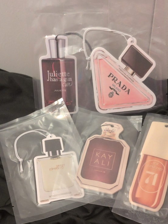 prada, Hermes, Kay Ali,Juliette has a gone, ,71 Other - Assorted Perfume Bottle Hanging Air Fresheners - Pink, Brown, Cream